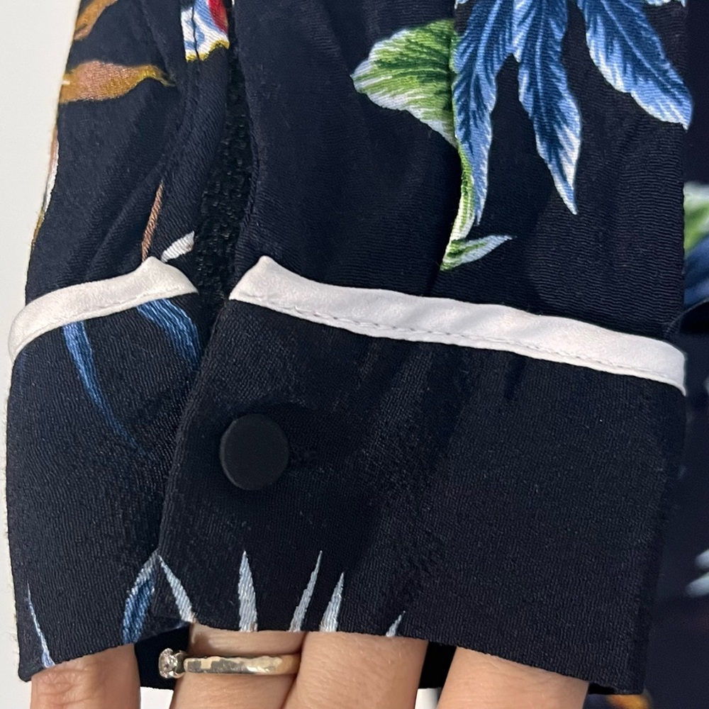 Women’s Zara Collar Floral Macaw Button Up Pant Jumpsuit Tropical Size L Parrot - Picture 6 of 8